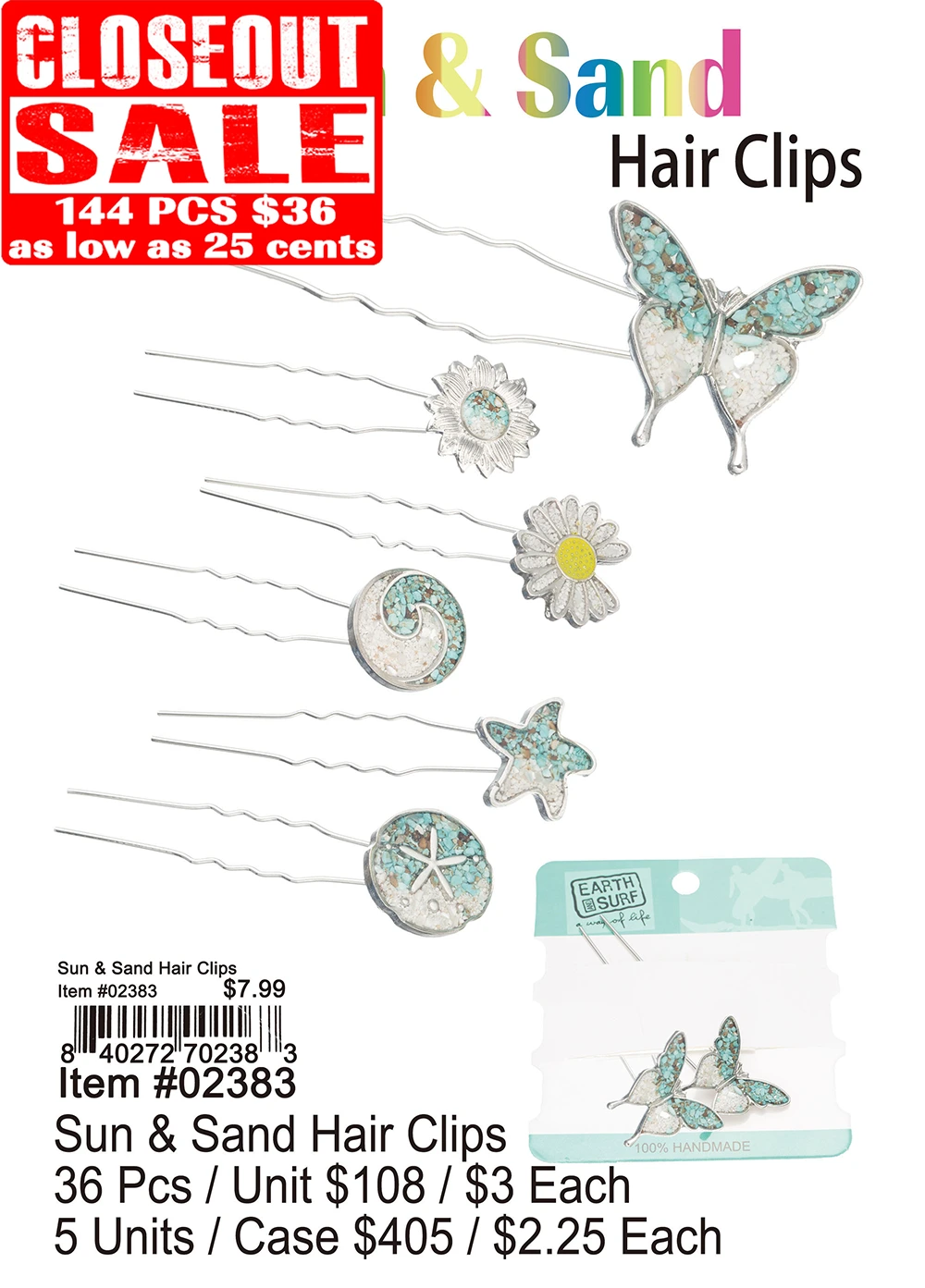 Sun and Sand Bob Pins - Closeout 144 Pcs.